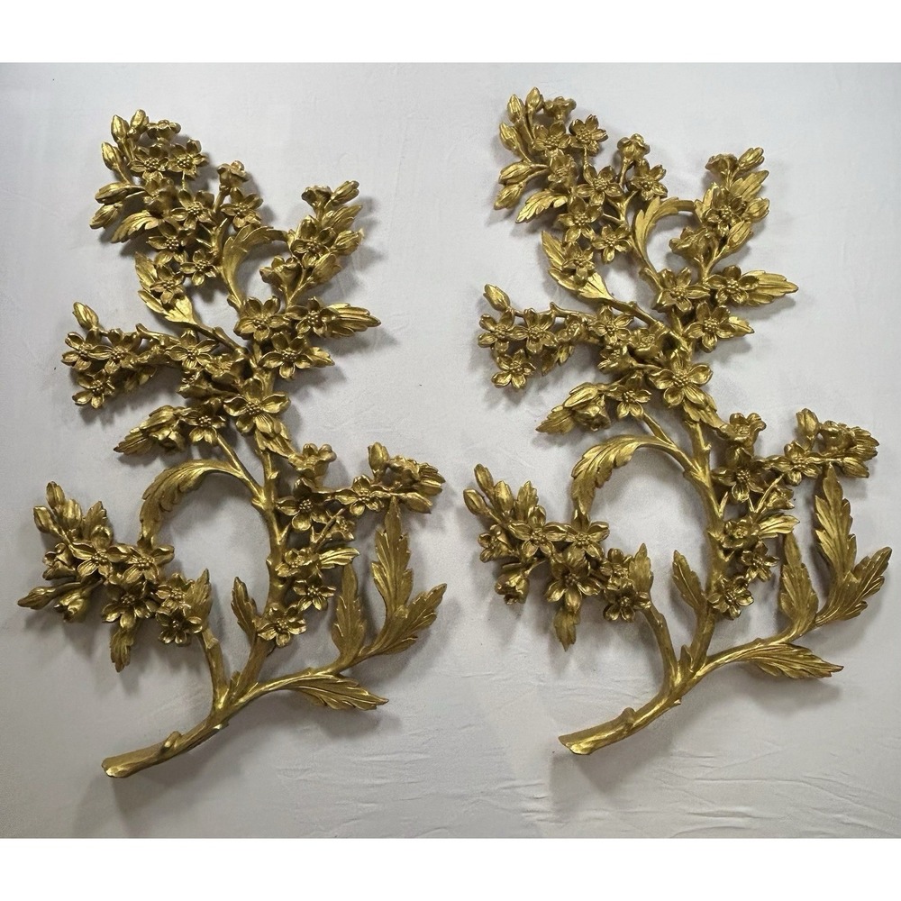 VTG 1966 Syroco Plastic Gold Dogwood Branch Wall Art Hanging Lot Of 2 Size 21X13